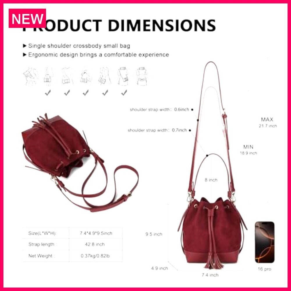 Faux Suede Bucket Bag Crossbody Hobo Purse with Drawstring and 2 Straps - Picture 6 of 8